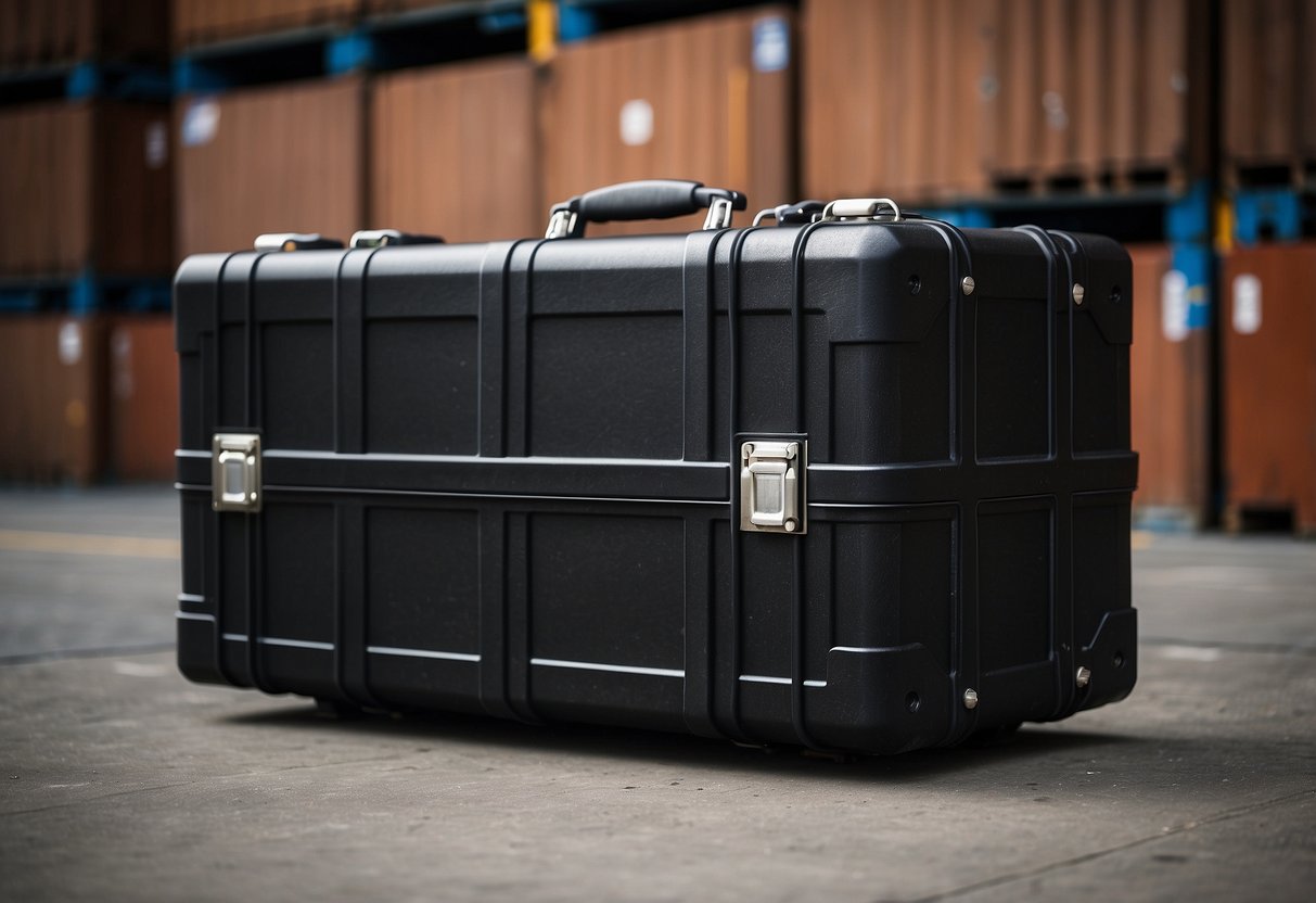 A sturdy, black, heavy-duty shipping case with custom foam inserts, secure latches, and durable wheels