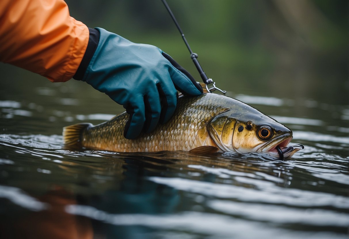 A pair of fishing gloves being used to handle a slippery fish