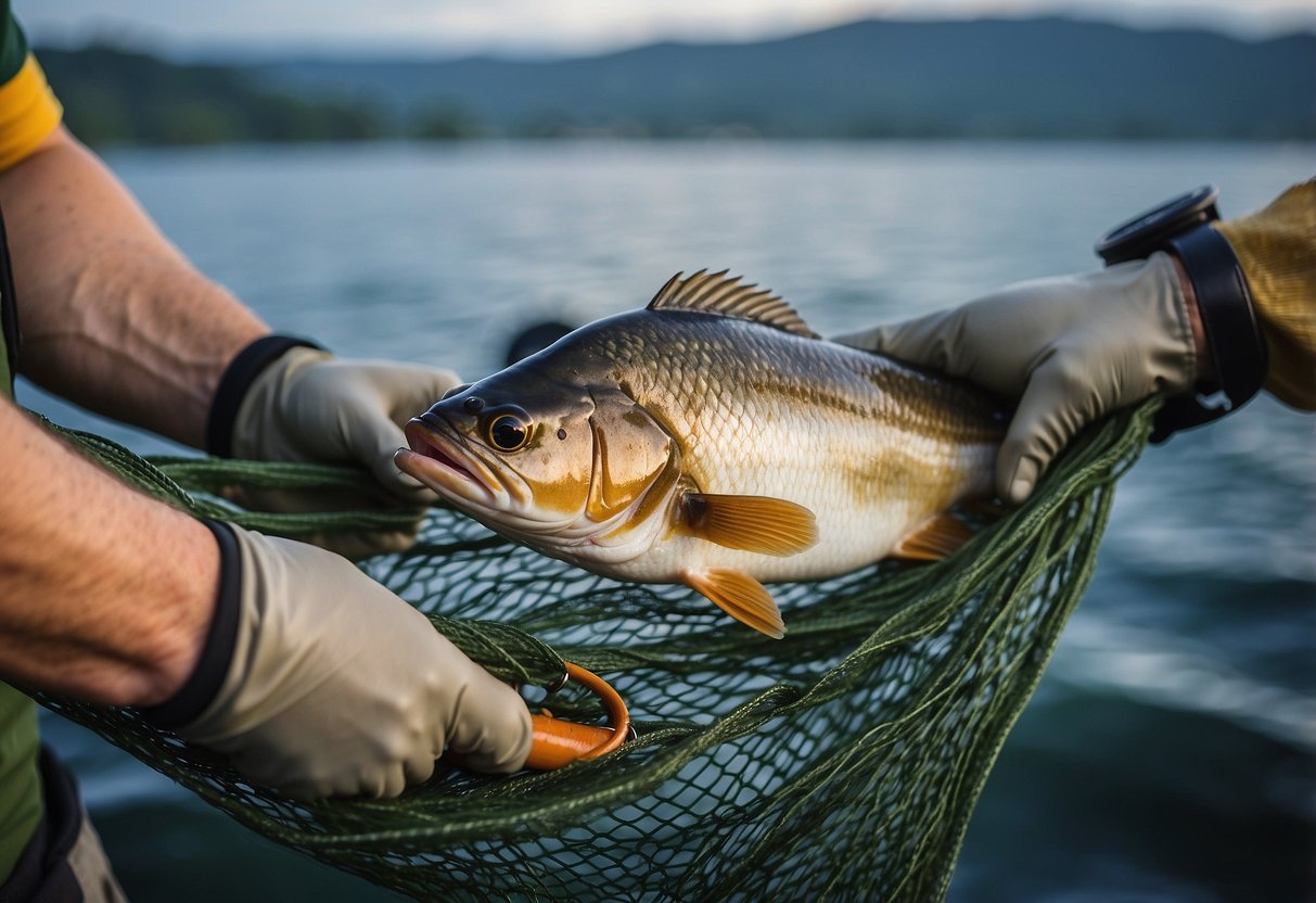 A pair of specialized fishing gloves being used to handle a large fish caught in a net