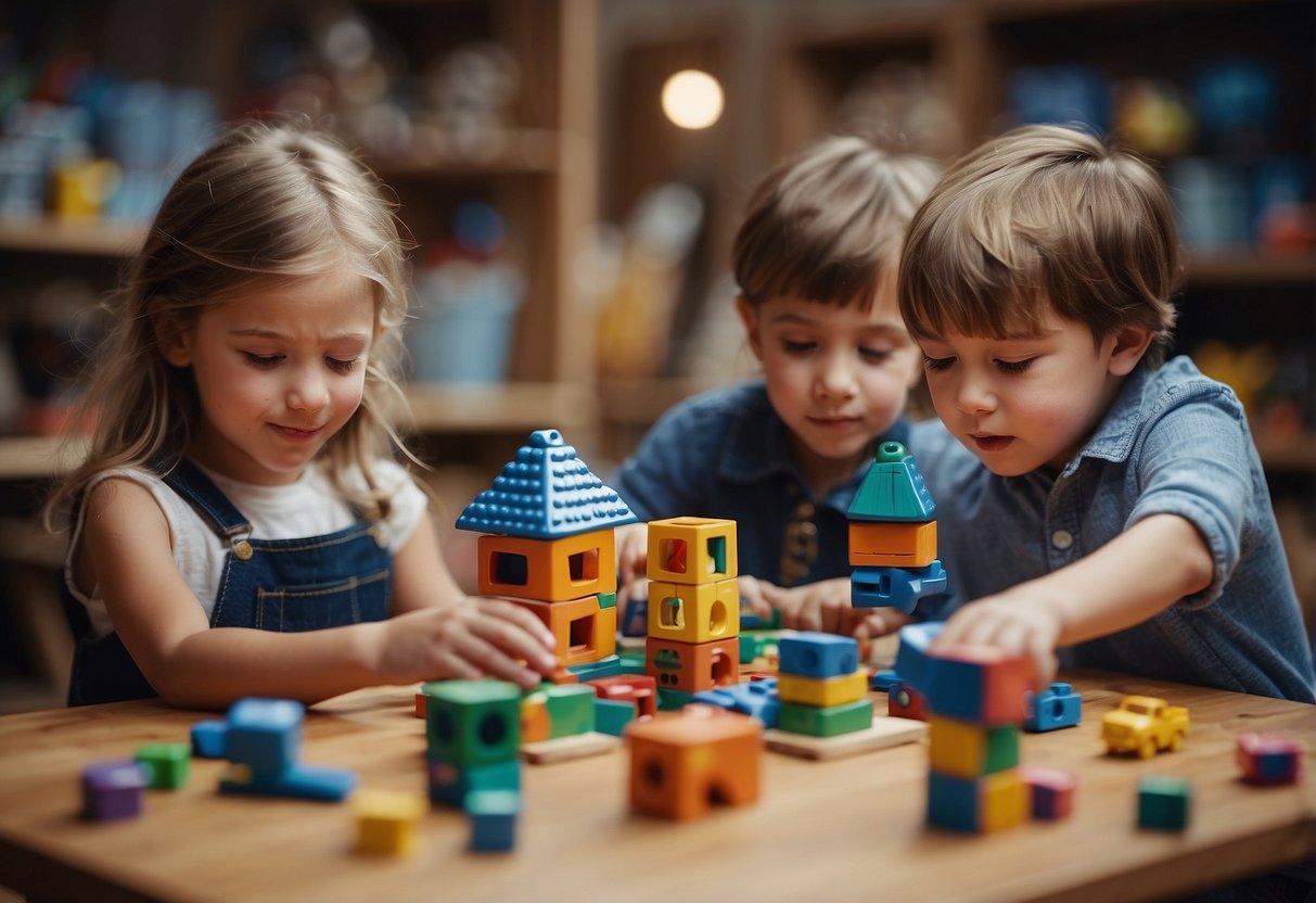 A group of children engaged in various creative and educational activities, such as painting, building with blocks, and reading together