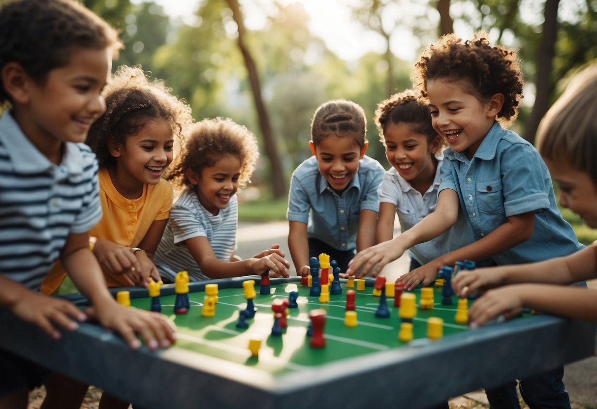 Children playing games, passing objects, and working together in teams. Smiling faces, laughter, and high-fives