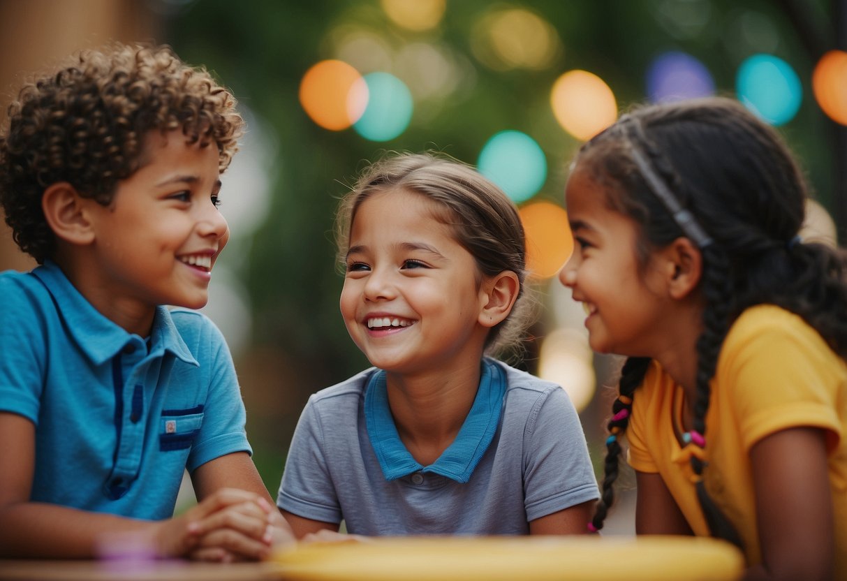 Children smiling and talking kindly to each other, using positive affirmations and encouraging words. A colorful and uplifting atmosphere with happy facial expressions