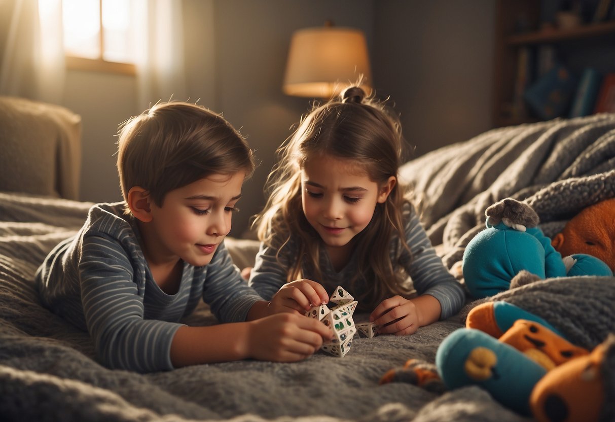 Kids building a fort from blankets and pillows, reading books, playing with toys, drawing, and doing puzzles