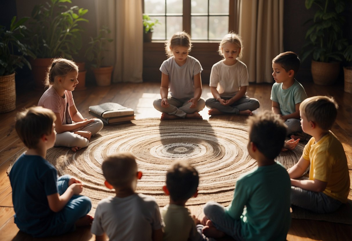 Children gathered in a circle, eyes closed, meditating. A few kids are journaling or drawing, while others are engaged in discussion about spirituality