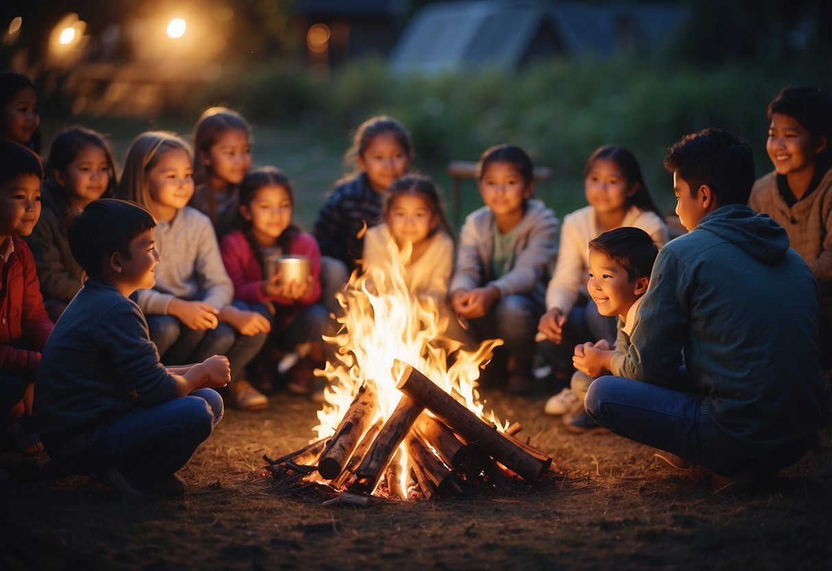 Children gather around a bonfire, surrounded by adults and community members, engaging in spiritual activities such as singing, storytelling, and traditional rituals