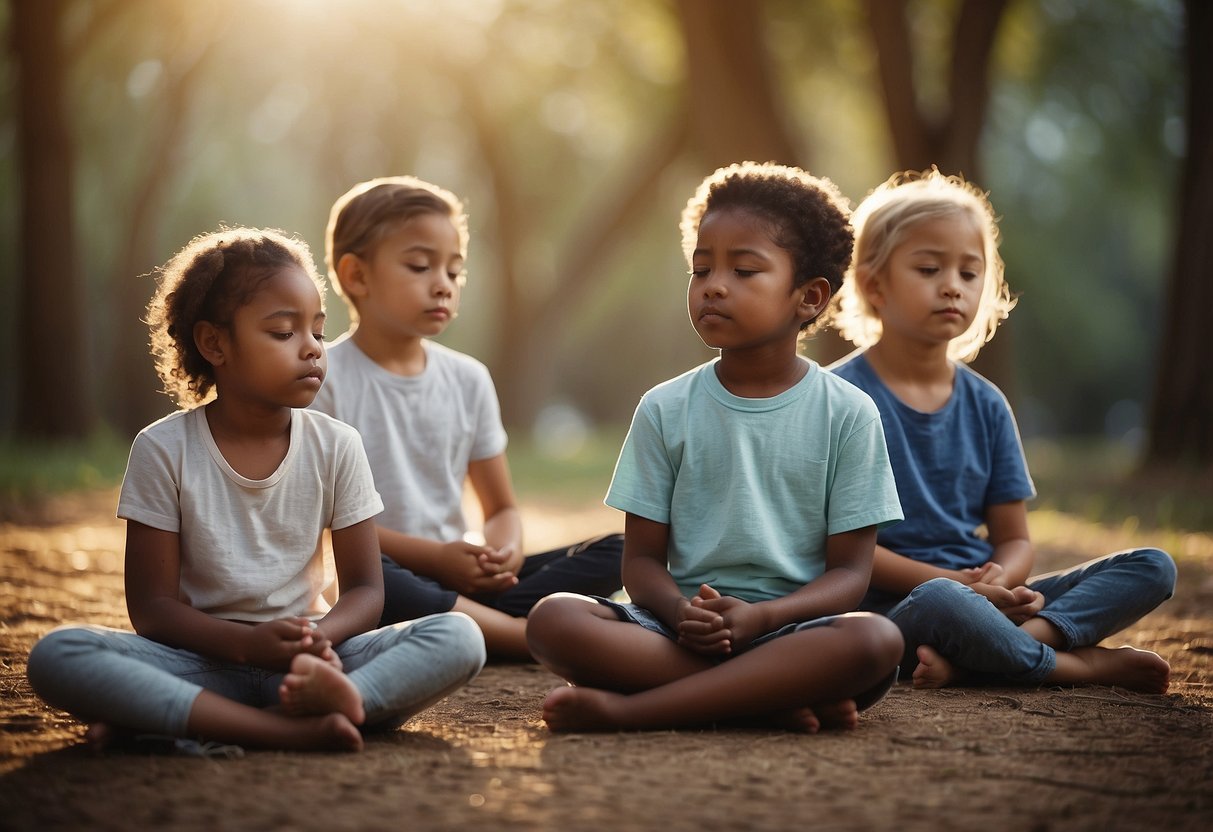 Children sitting in a circle, meditating with closed eyes. A soft glow surrounds them as they focus on their breath and inner peace