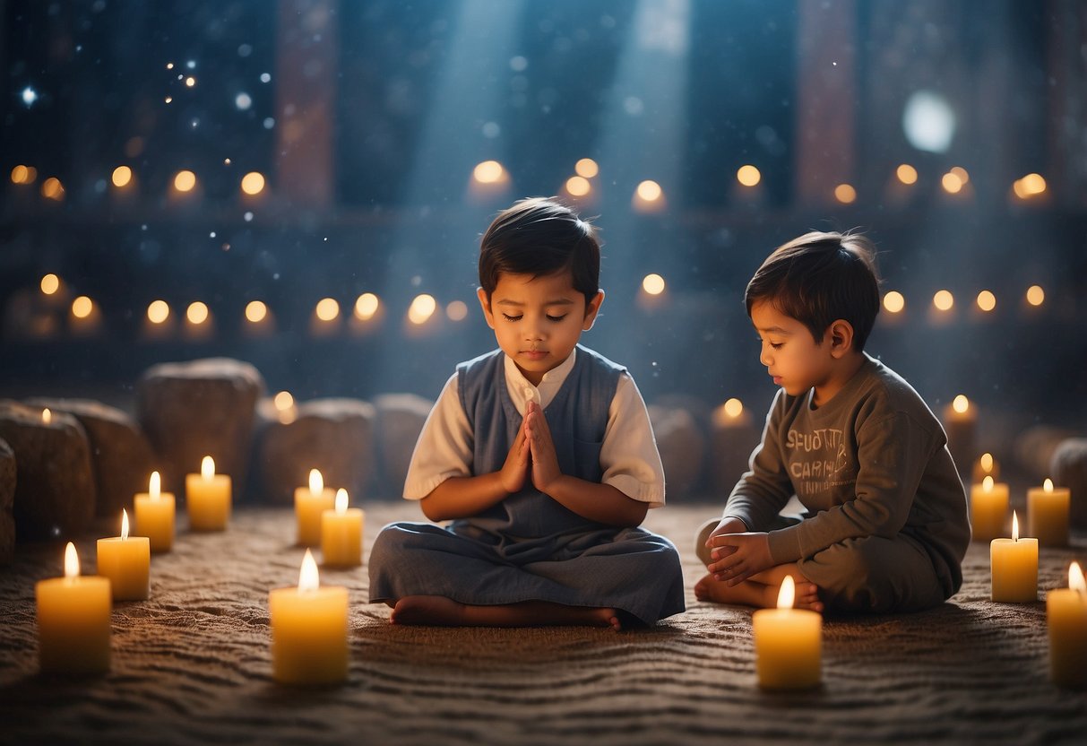 Children engaging in various spiritual activities: meditation, prayer, and reflection. Surrounded by symbols of different faiths, they overcome challenges on their spiritual journey