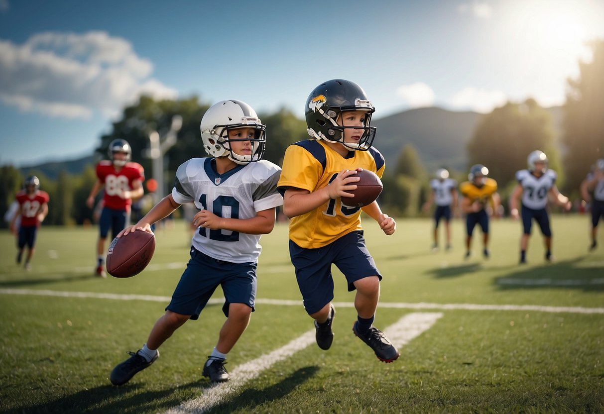 Kids playing football in a field, throwing and catching the ball, wearing NFL team jerseys, with goal posts in the background