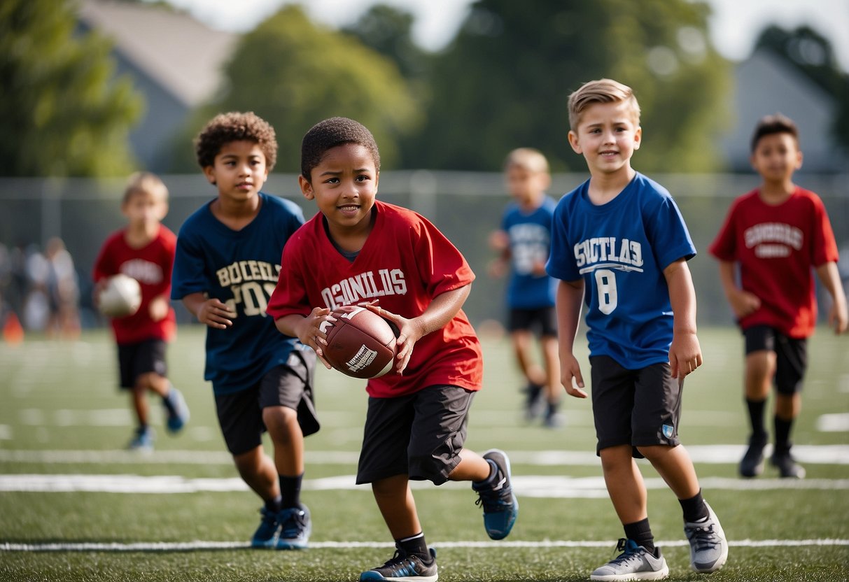 A group of children are engaged in various NFL activities, such as flag football, drills, and games, with coaches and volunteers guiding them