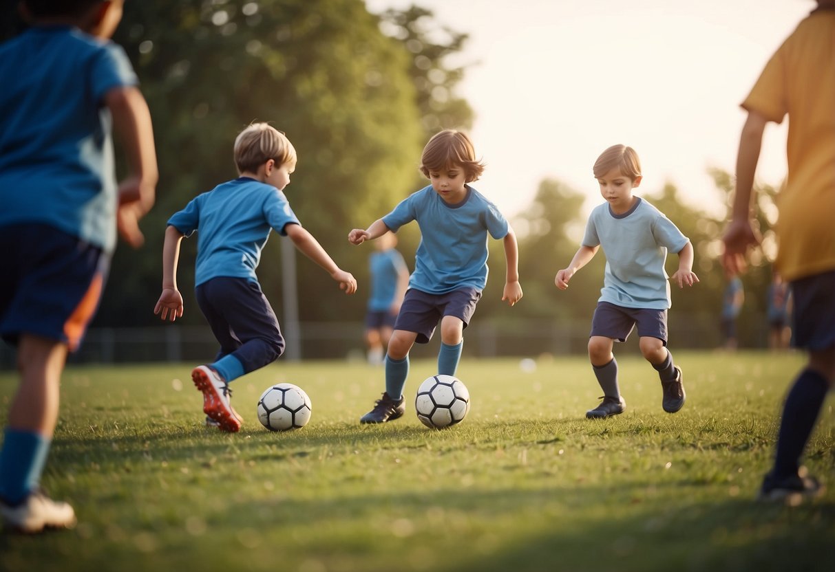 Kids playing football in a supervised, well-maintained field with safety equipment and coaches ensuring their well-being