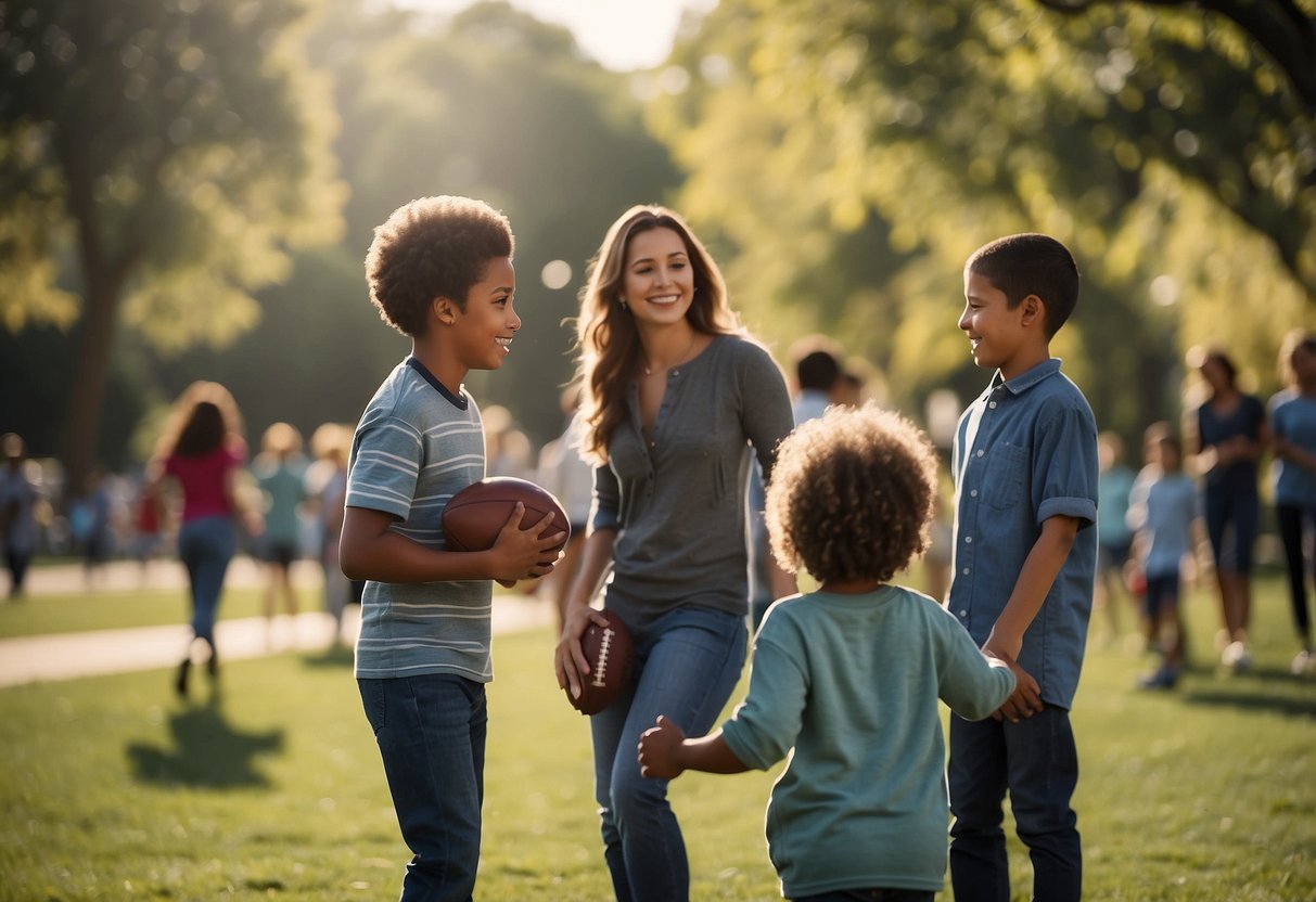 Families gather in a park, kids playing football, parents chatting. NFL banners and activities set up, creating a lively and engaging atmosphere