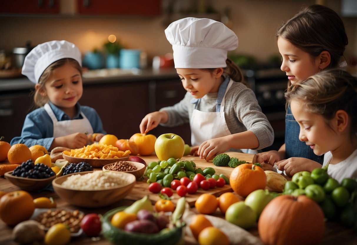 Children cooking and tasting diverse foods from around the world at a colorful table set with fruits, vegetables, and spices