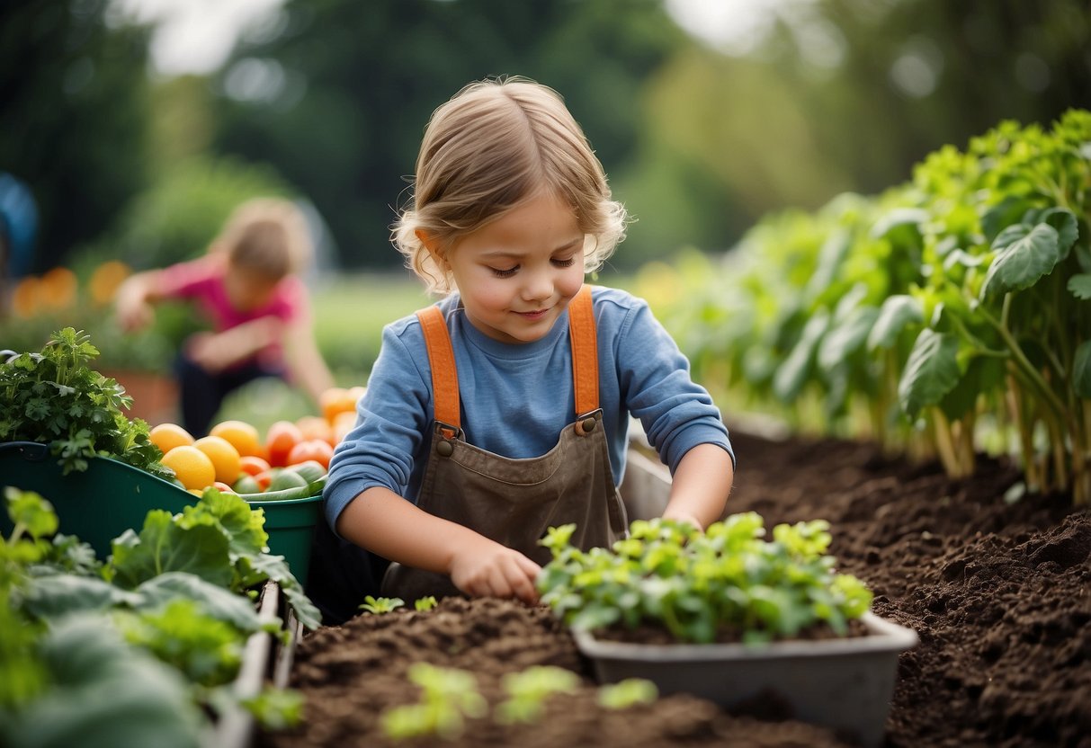 Children planting and watering vegetables in a garden, exercising outdoors, and eating colorful fruits and vegetables