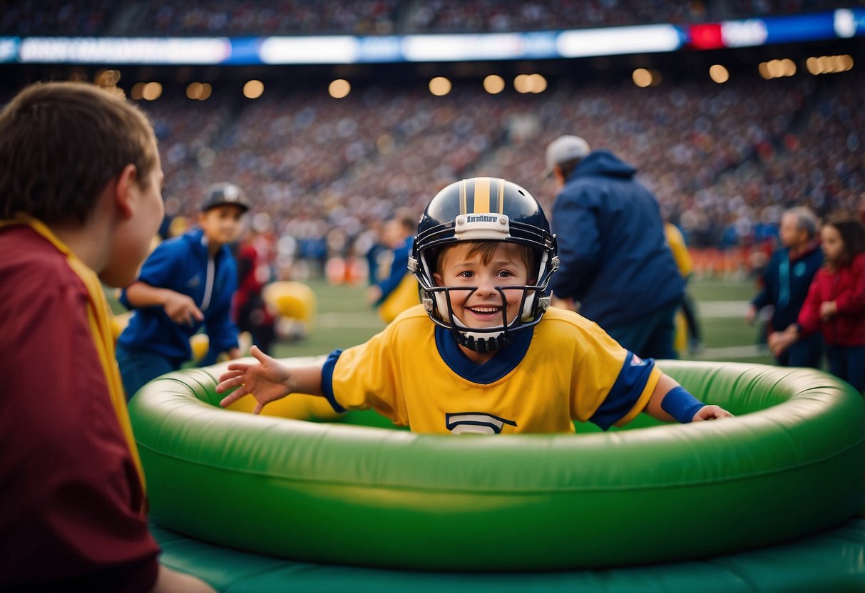 Children play games, jump in bouncy houses, and enjoy face painting at the Superbowl halftime entertainment