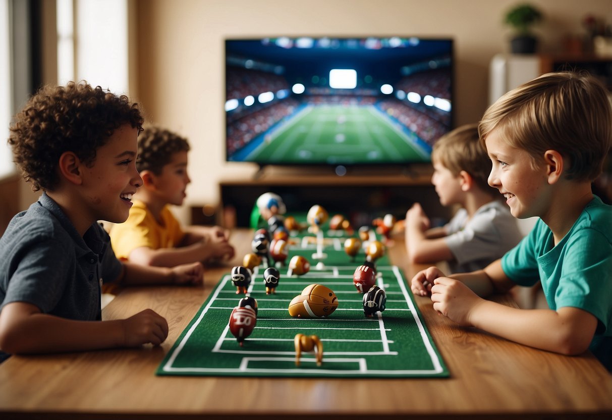 Children playing football, making team banners, and designing their own mini football helmets. A table with snacks and crafts. A big screen showing the game