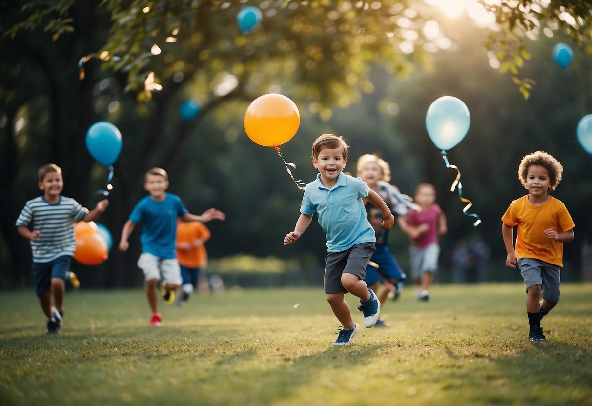 Children playing football, tossing a ball, and running around with excitement. Balloons, streamers, and party decorations fill the air