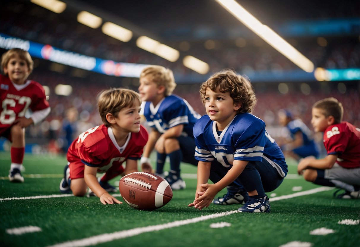 Kids playing football, learning through drills and games. Superbowl decorations and jerseys add to the excitement