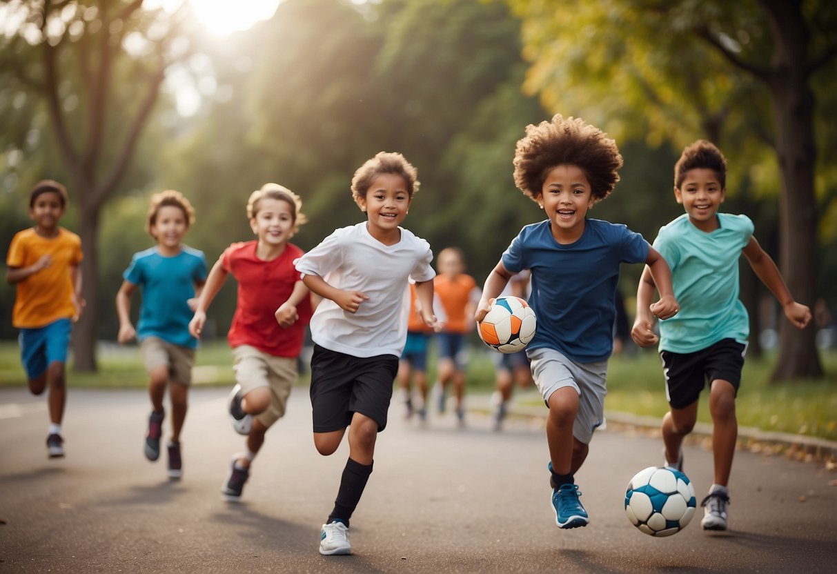 Kids playing soccer, basketball, and tag in a park. A group of children running, jumping, and throwing balls. A lively and energetic atmosphere