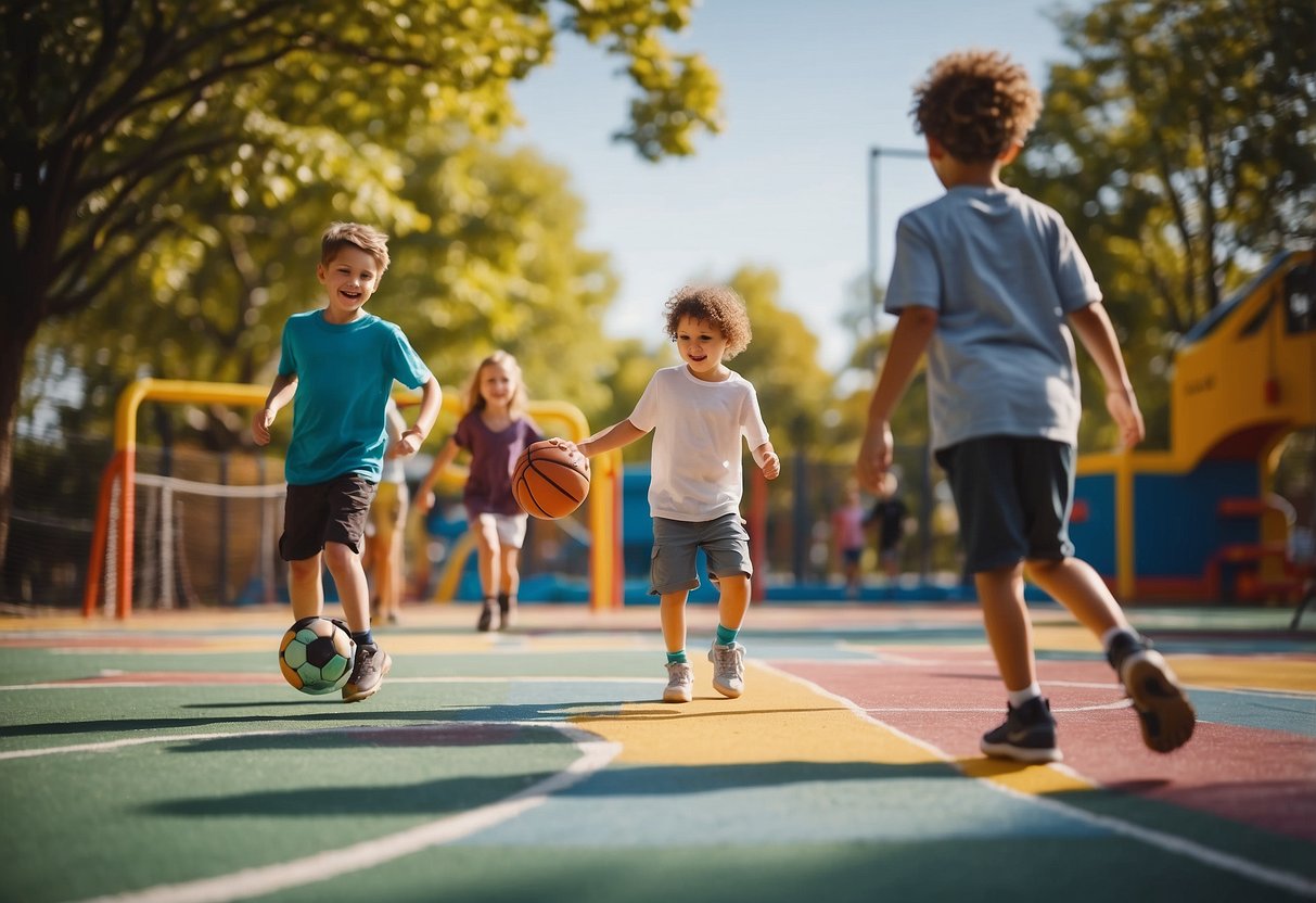 Children playing soccer, basketball, and hopscotch in a colorful playground with trees and swings in the background