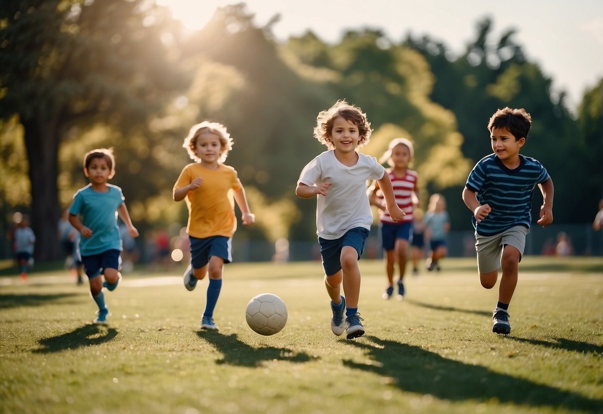 Children playing soccer, basketball, and running track in a park with supportive parents cheering from the sidelines