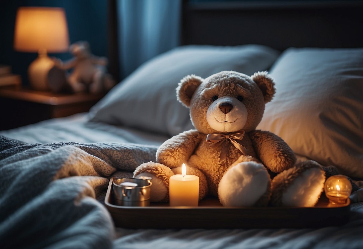 A cozy bed with soft blankets, a tray with water and tissues, a favorite stuffed animal, and a dim night light