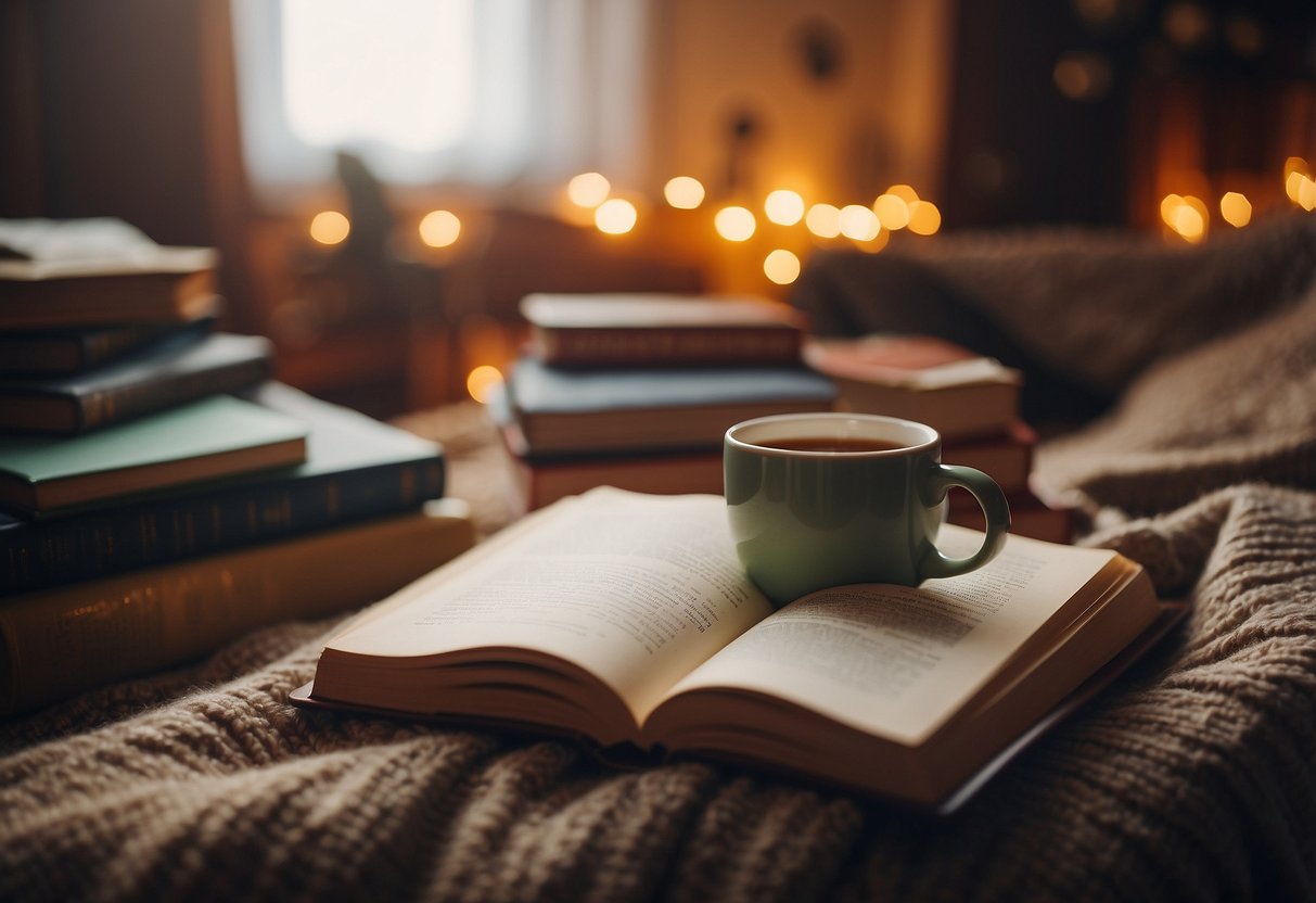 A cozy blanket fort with books and puzzles, a warm cup of tea, and a soft plush toy for comfort