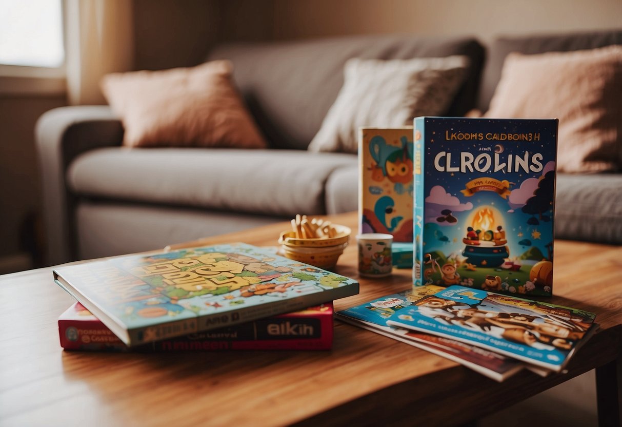 Children's entertainment options: board games, puzzles, and coloring books on a table next to a cozy couch with a blanket and a stack of storybooks