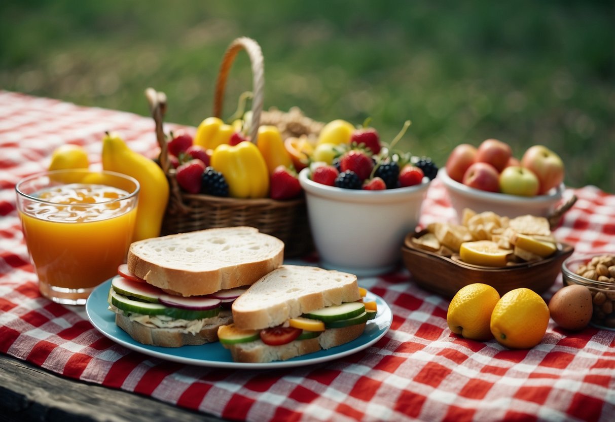 A colorful picnic spread with sandwiches, fruits, and snacks on a checkered blanket by a winding road