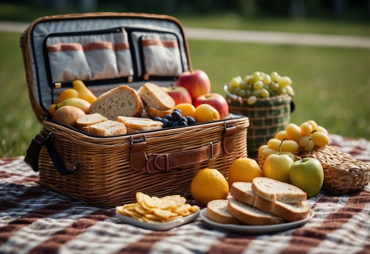 A picnic basket filled with sandwiches, fruit, and snacks sits on a checkered blanket next to a cooler and a backpack