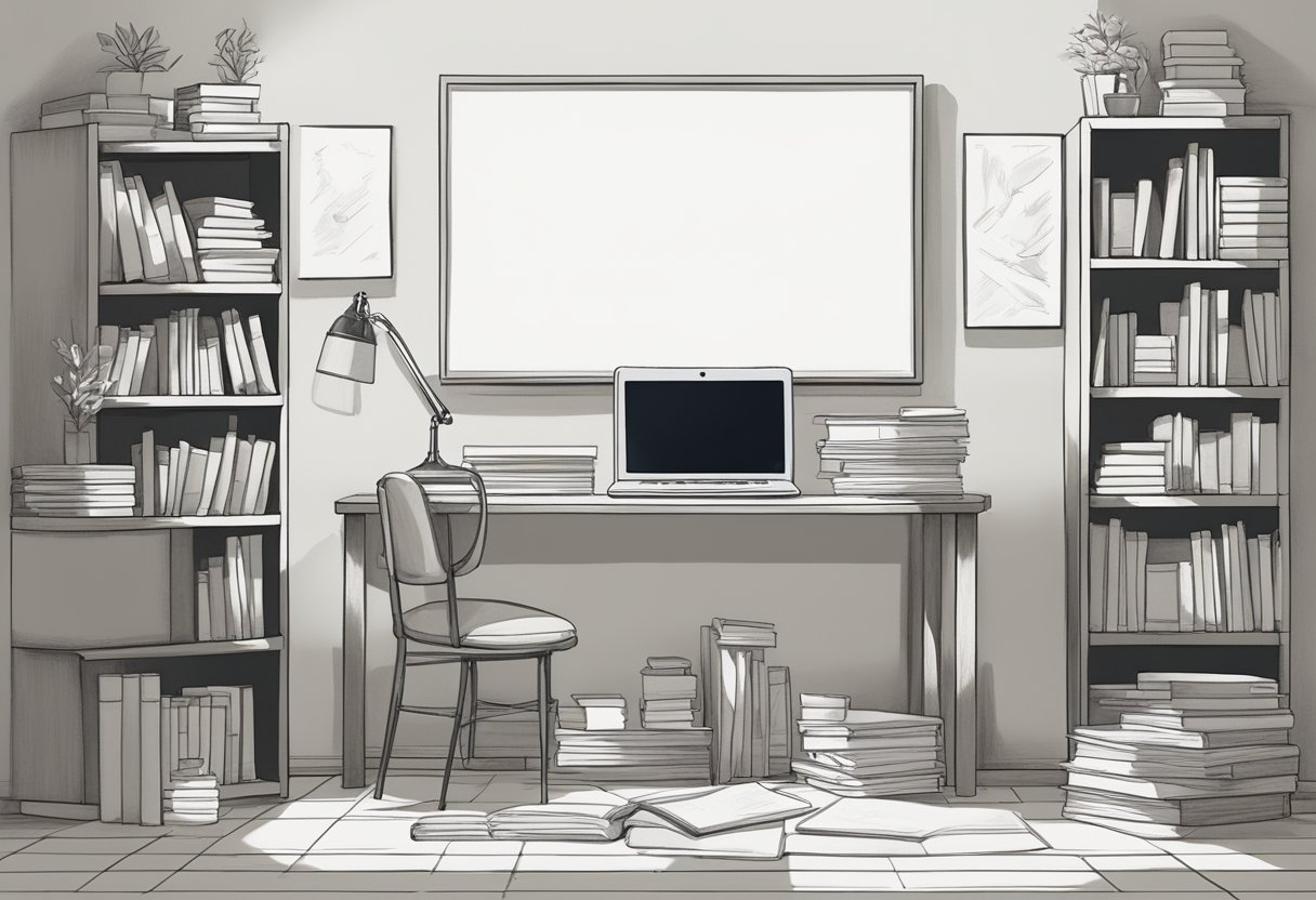 A Blank Canvas With A Pencil And Eraser, Surrounded By Books On Storytelling And A Storyboard Pinned To The Wall