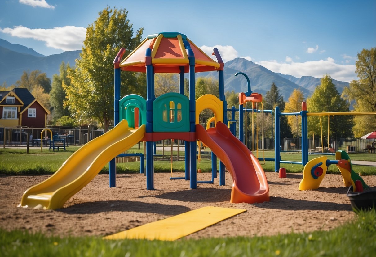 Children playing in a colorful playground with slides, swings, and a sandbox. Nearby, families picnic on green grass under a bright blue sky with mountains in the background