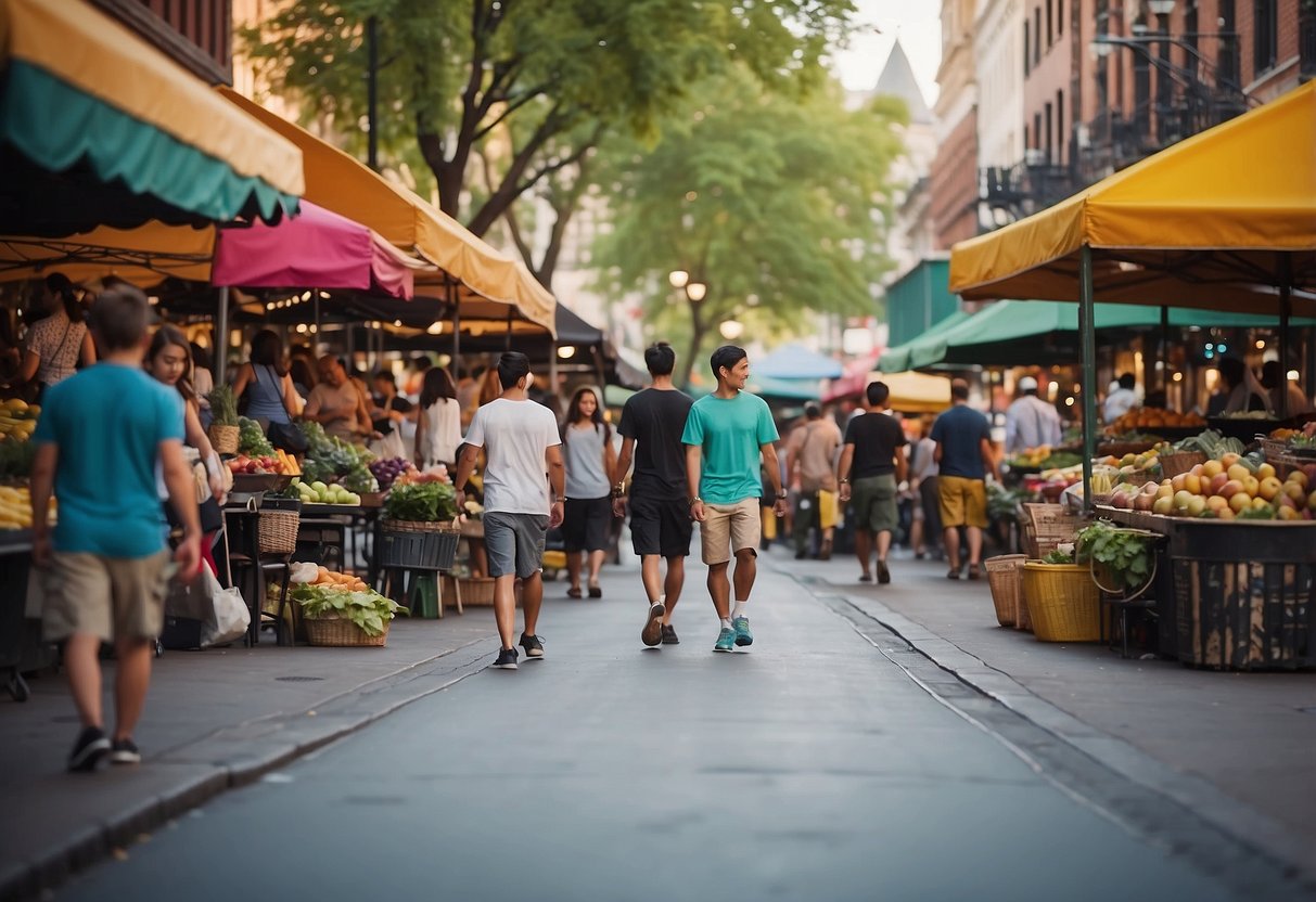 Busy city streets with colorful buildings, bustling markets, and lively street performers. Families enjoy outdoor parks, museums, and cultural events