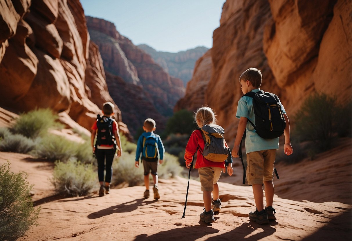 Families hiking through red rock canyons, kids climbing on boulders, and exploring slot canyons in Southern Utah