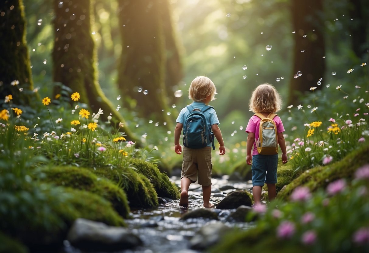 Children exploring a lush forest, spotting birds and small animals. A bubbling stream winds through the scene, with colorful flowers and towering trees