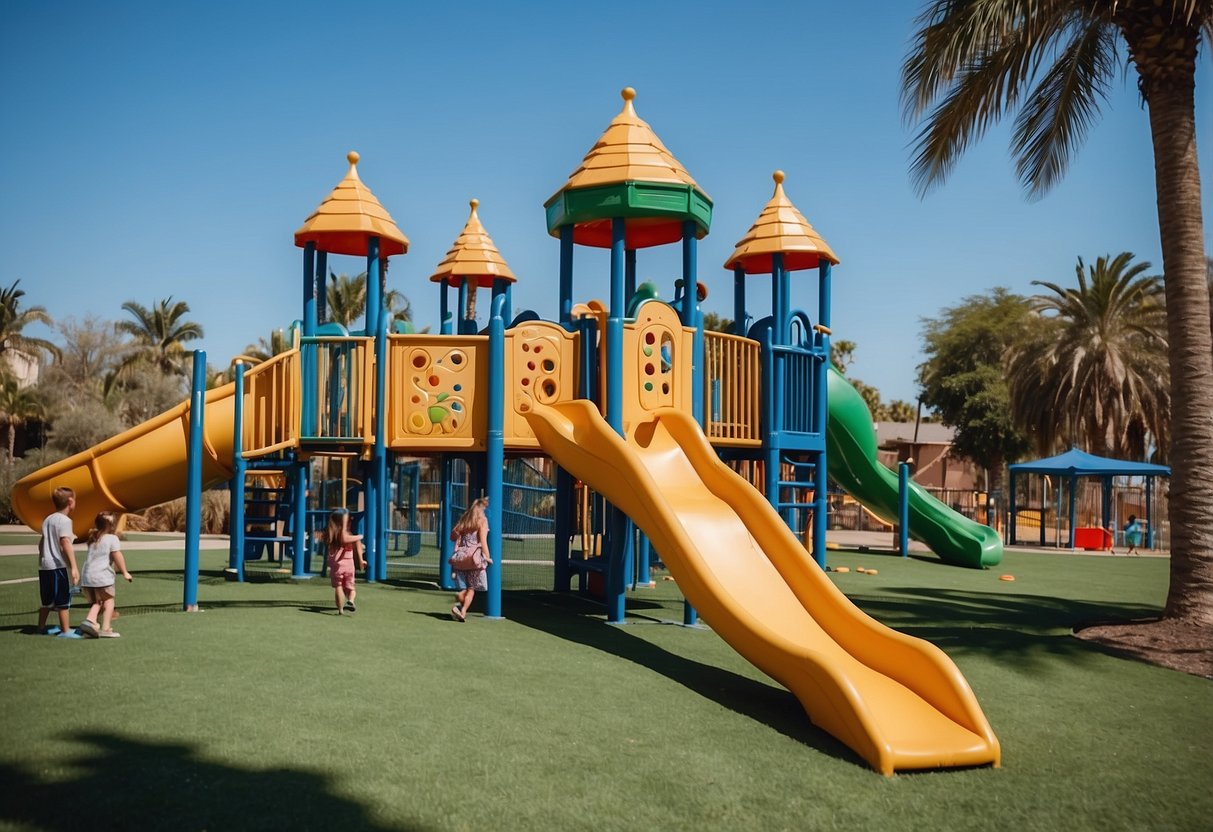 Children playing in a colorful, interactive playground with slides, swings, and climbing structures. Families enjoying a picnic on the grass nearby, surrounded by palm trees and a clear blue sky