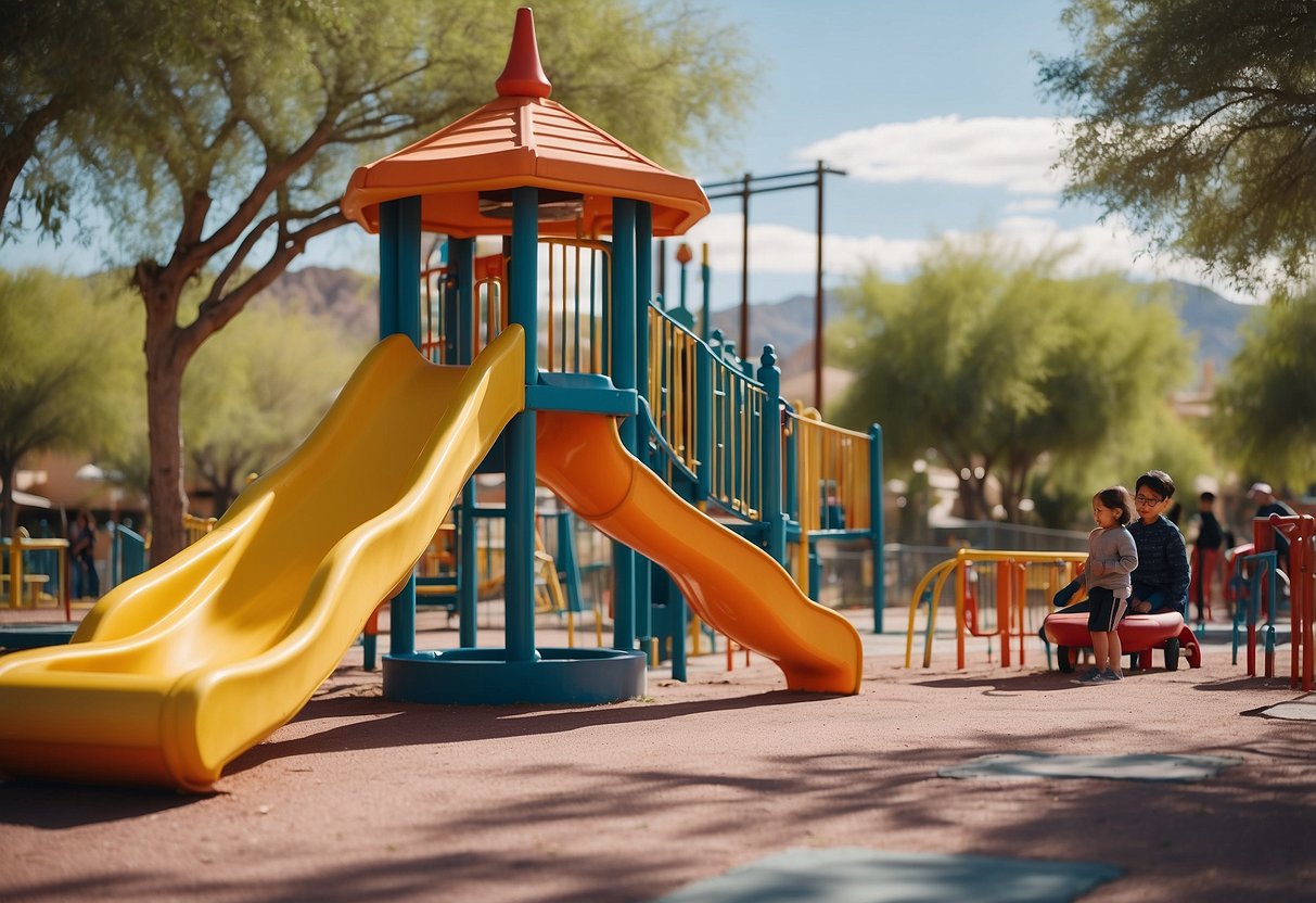 Children playing on colorful playground equipment in a vibrant park with families picnicking and enjoying outdoor games in Las Vegas