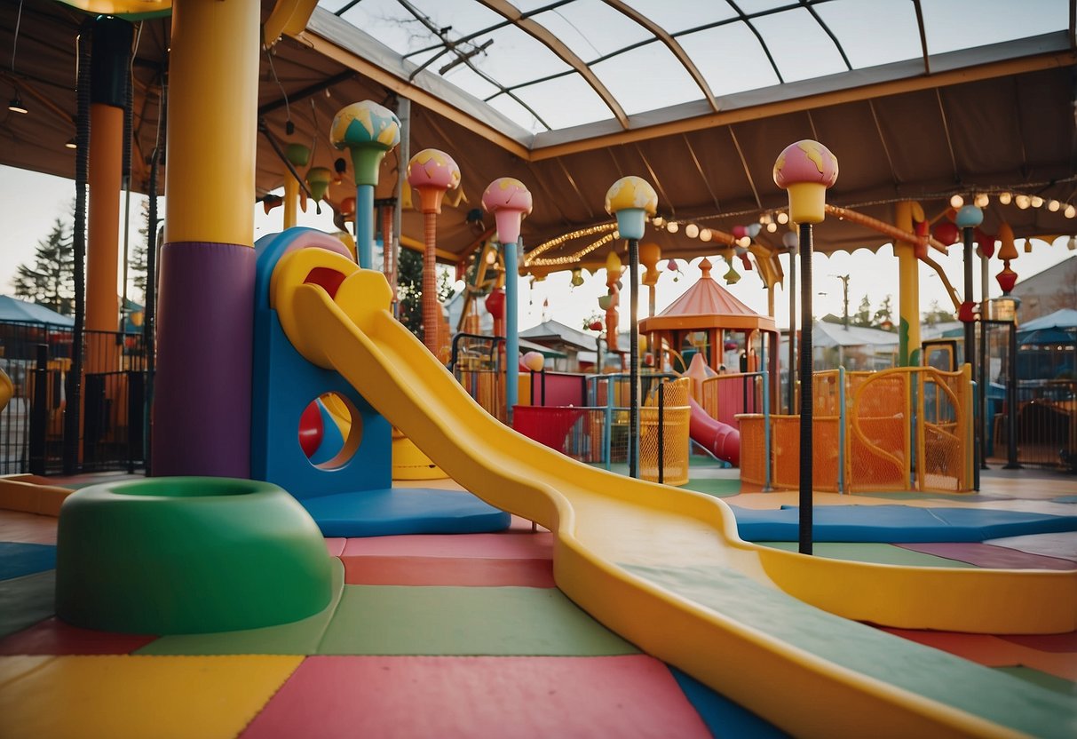 Children playing in a colorful indoor playground with slides, ball pits, and climbing structures. Families enjoying arcade games and mini-golf. Outdoor area with a carousel and picnic tables