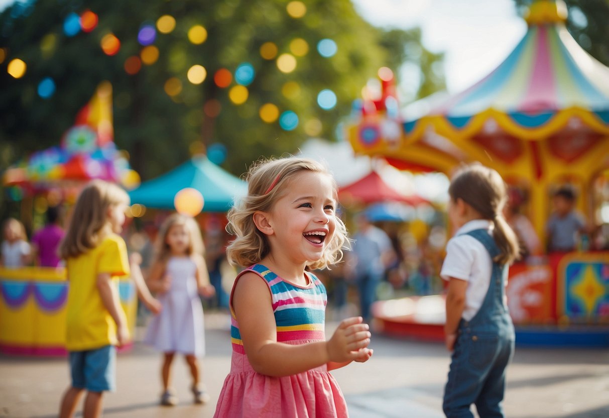 Children laughing and playing in a colorful park filled with seasonal decorations and festive activities, with a carousel and a snow cone stand in the background