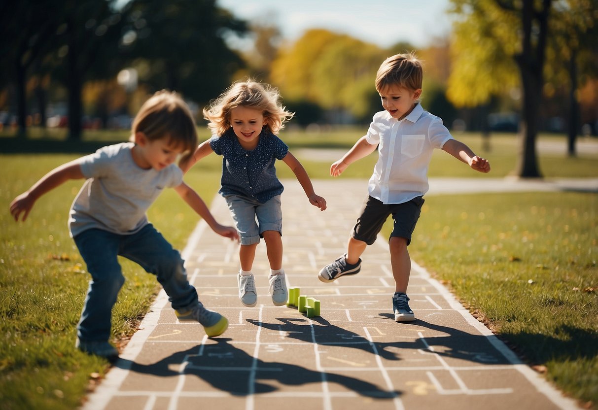 Children playing hopscotch, jumping rope, and doing cartwheels in a sunny park