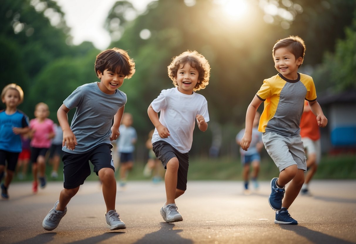 Children actively playing and exercising together in a group setting, engaging in fun and energetic activities