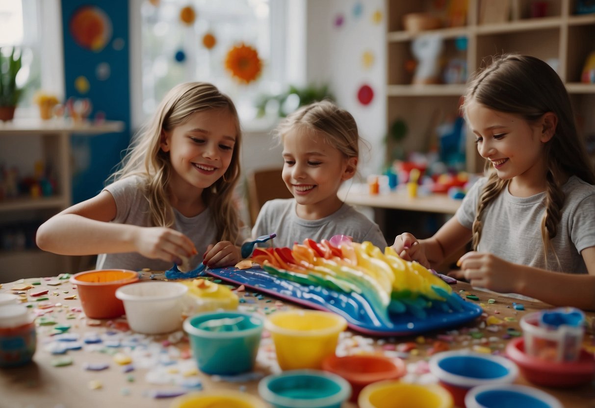 Children happily engage in DIY crafts, surrounded by colorful supplies and materials. A table is covered in paint, glue, and paper, while kids eagerly create their own masterpieces