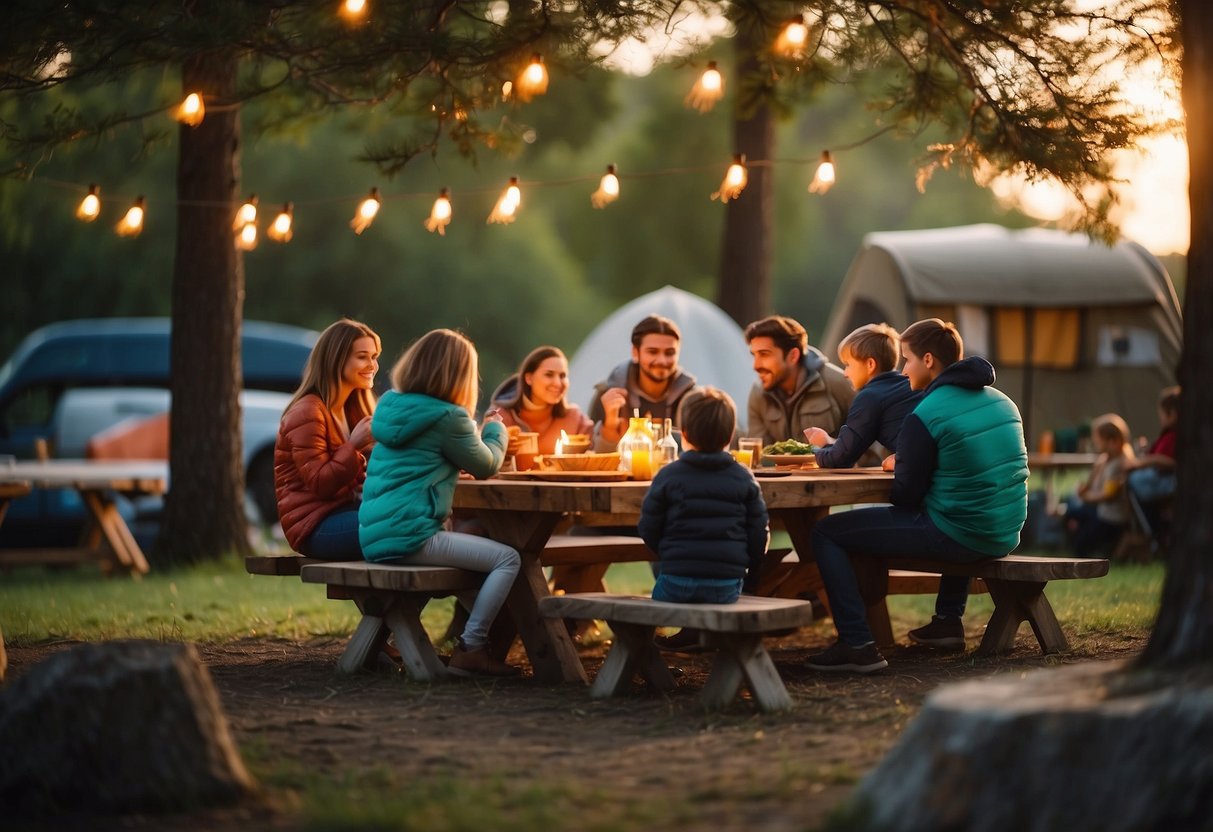 A colorful campsite with a crackling fire, a picnic table set with kid-friendly meals, and a family of happy campers enjoying their dinner together