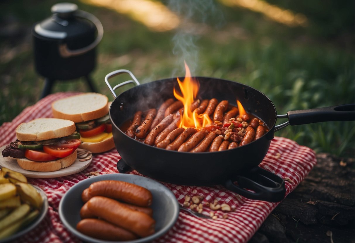 A campfire with a pot of chili and a skillet of hot dogs, surrounded by roasting sticks, plates, and a picnic blanket