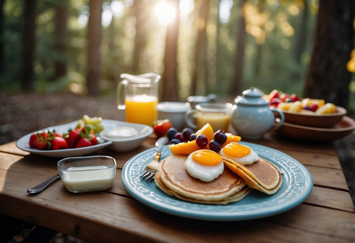 A colorful camping scene with a breakfast spread of pancakes, fruit, and yogurt on a picnic table, surrounded by trees and a cozy campfire