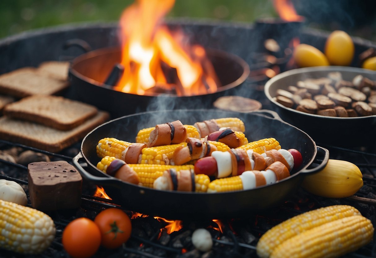 A campfire surrounded by colorful camping dinner ingredients, with a family-friendly menu featuring hot dogs, corn on the cob, and s'mores