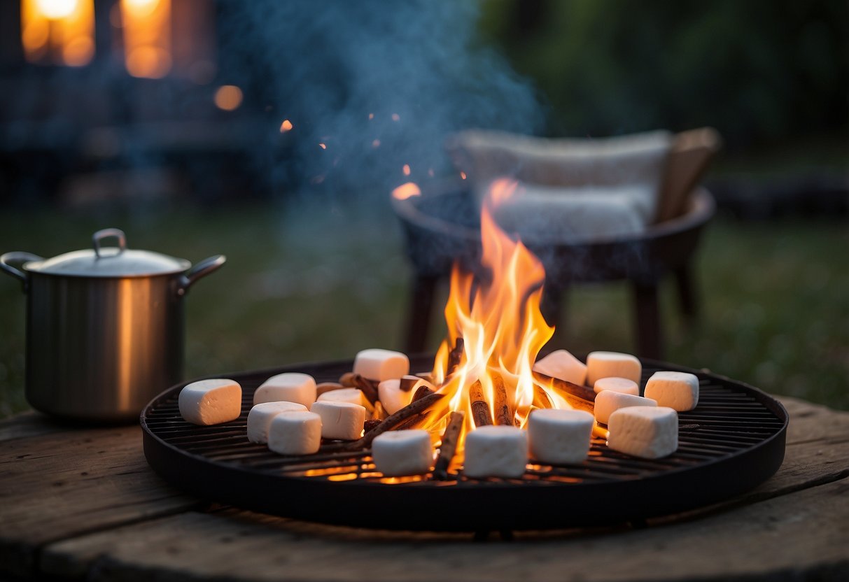 A campfire with marshmallows on skewers roasting over the flames. A table nearby is set with graham crackers, chocolate bars, and other ingredients for making s'mores