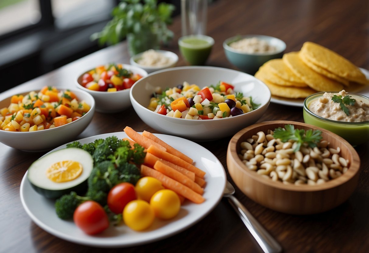 A table set with colorful, healthy side dishes and accompaniments, ready for a quick and easy kid-friendly dinner on the go