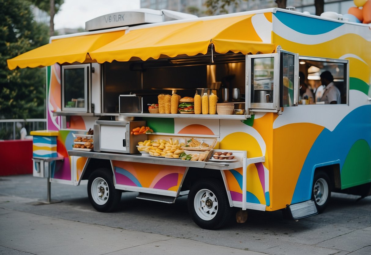 A colorful food truck with a smiling chef serving quick and healthy meals to children and parents on the go