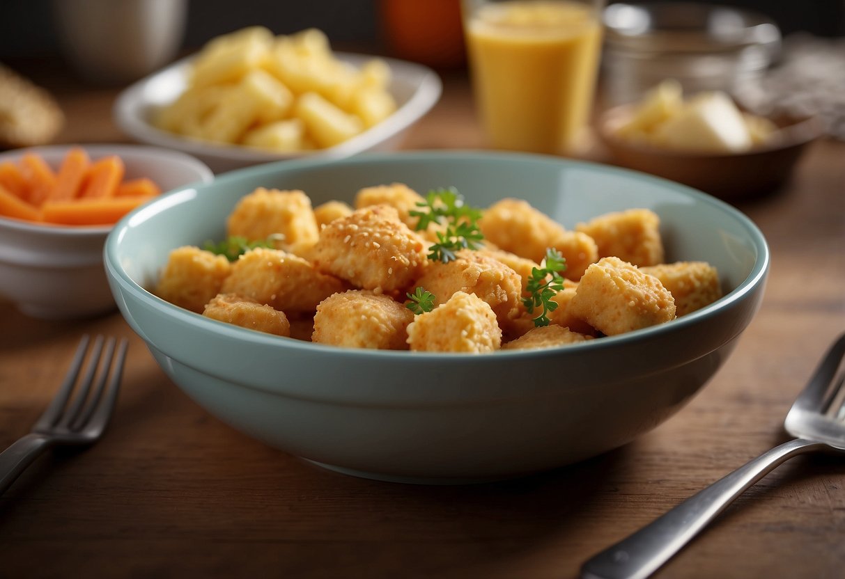 A colorful plate with small portions of chicken nuggets, macaroni and cheese, and steamed carrots, surrounded by fun and playful dinnerware