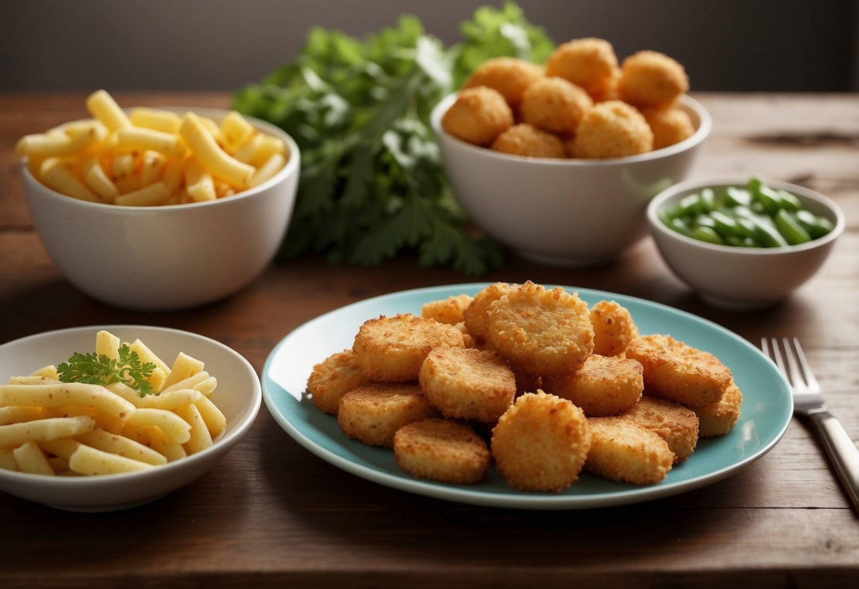 A colorful array of simple, kid-friendly dishes laid out on a table, including pasta, chicken nuggets, and vegetables, with happy, smiling faces on the plates